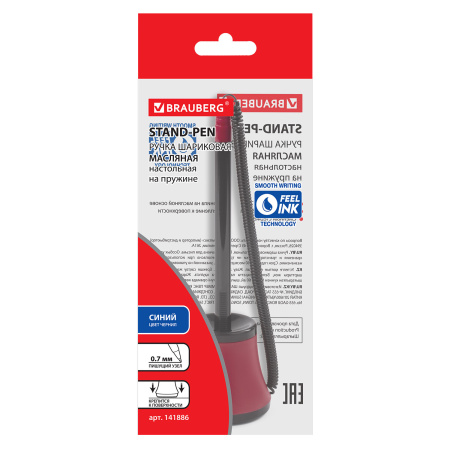 Ручка шариковая настольная масляная BRAUBERG "Стенд-Пен №1", СИНЯЯ, корпус черный/красный, линия письма 0,35 мм, 141886 - Ручки шариковые на подставке