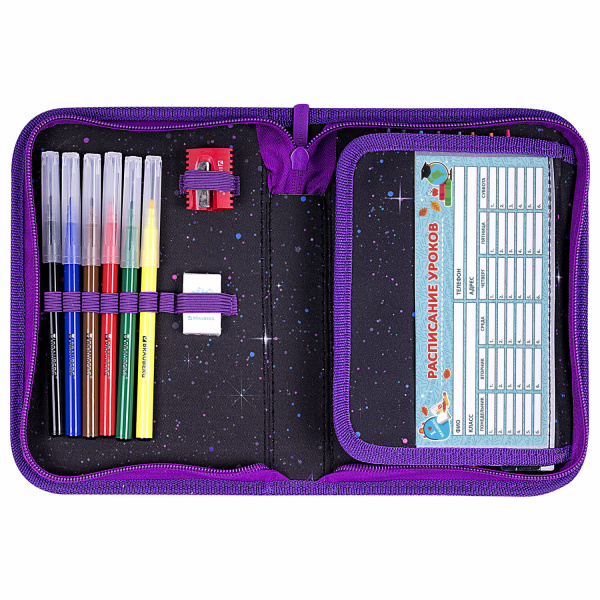 Пенал BRAUBERG с наполнением, 1 отделение, 1 откидная планка, 24 предмета, 21х14 см, "Neon cat", 271523 - Пеналы с наполнением