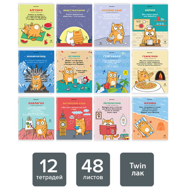 Тетради предметные, КОМПЛЕКТ 12 ПРЕДМЕТОВ, "КОТ-ЭНТУЗИАСТ", 48 л., TWIN-лак, BRAUBERG, 404609 - Тетради предметные