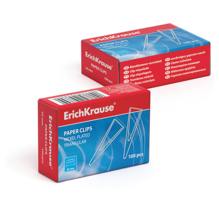 Скрепки ERICH KRAUSE, 25 мм, металлические, треугольные, 100 штук, в картонной коробке, 24869 - Скрепки канцелярские
