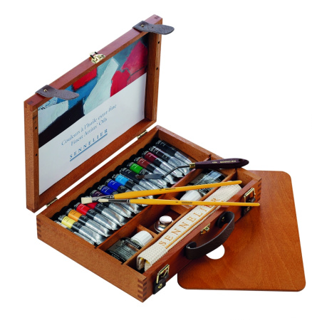 Набор масляных красок Sennelier "Artists", 15 цветов по 21мл, туба, аксессуары, дерево - Масляные краски художественные в наборах