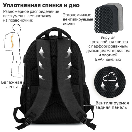 Рюкзак BRAUBERG URBAN универсальный с отделением для ноутбука, USB-порт, "Kinetic", черный, 46х31х18 см, 270798 - Рюкзаки с отделением для ноутбука