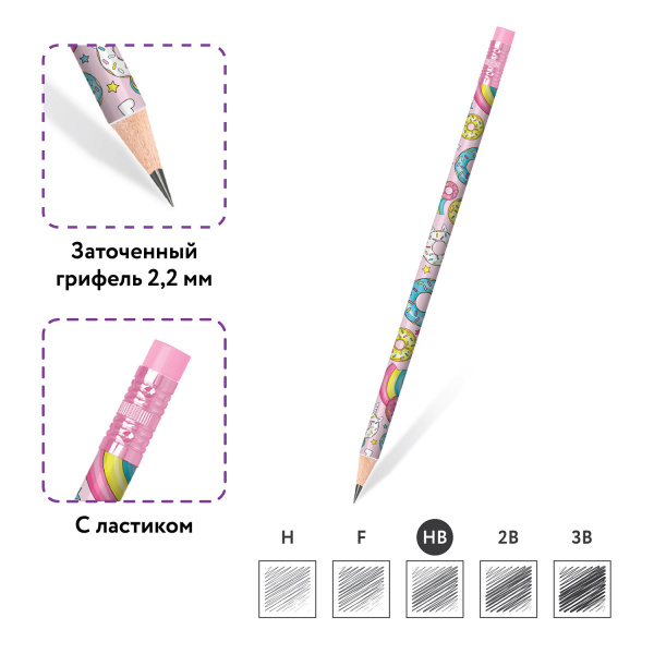 Карандаш чернографитный ЮНЛАНДИЯ "СЛАДКИЕ ИСТОРИИ", 1 шт., HB, с ластиком, корпус с печатью, 181750 - Карандаши чернографитные