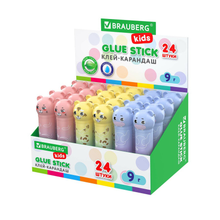 Клей-карандаш "Пастельные зверята: мышка, тигр, бегемот", 9 г, фигурный колпачок, BRAUBERG KIDS, 271140 - Клей-карандаш