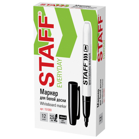 Маркер стираемый для белой доски STAFF "EVERYDAY" WBM-093, ЧЕРНЫЙ, 2,5 мм, тонкий корпус, 151093 - Маркеры для досок