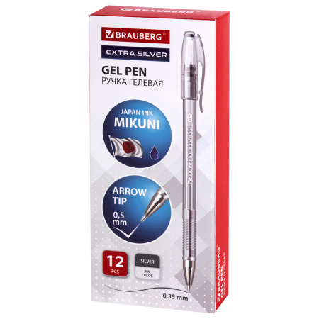 Ручка гелевая СЕРЕБРИСТАЯ BRAUBERG "EXTRA SILVER", корпус прозрачный, 0,5 мм, линия 0,35 мм, 143913 - Ручки гелевые неавтоматические