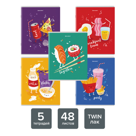 Тетради КОМПЛЕКТ 5 шт. А5, 48 л., BRAUBERG скоба, клетка, TWIN лак, "Funny Food", 404397