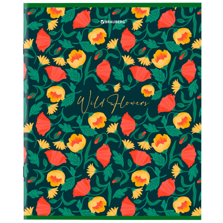 Тетрадь А5, 96 л., BRAUBERG, скоба, клетка, глянцевая ламинация, "Wild Flowers", 404429 - Тетради более 60 листов