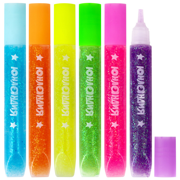 Гель с блестками ЮНЛАНДИЯ "НЕОНЧИКИ", для декора, поделок, DIY, творчества, оформления, 6 цветов по 10,5 мл, блистер, 662250 - Гель, гель-клей, краска для декорирования