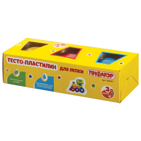 Пластилин на растительной основе (тесто для лепки) ПИФАГОР, 3 цвета, 270 г, картонный рукав, 104437 - Пластилин