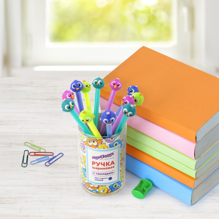 Ручка с топпером шариковая ЮНЛАНДИЯ "Птенец", корпус ассорти, СИНЯЯ, пишущий узел 0,7 мм, 143811 - Ручки фигурные