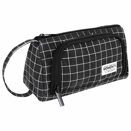 Пенал-косметичка BRAUBERG с ручкой, 1 откидная планка, полиэстер, 22x10х8 см, "Checkered black", 271559 - Пеналы мягкие