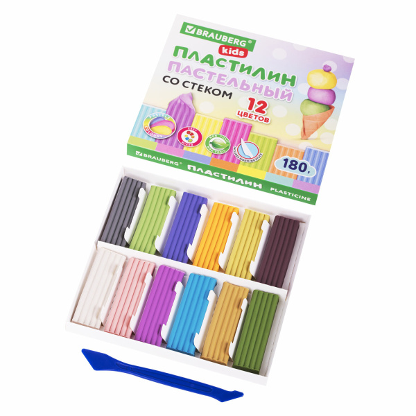 Пластилин классический пастельные цвета BRAUBERG KIDS, 12 цветов, 180 грамм, стек, 106681 - Пластилин
