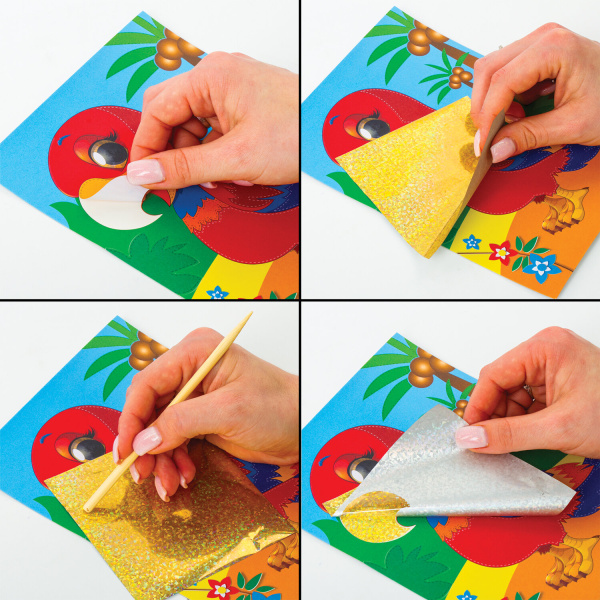 Набор для творчества "Аппликация из фольги", "Попугай", самоклеящаяся основа 20х15 см, ЮНЛАНДИЯ, 662380 - Создание аппликаций