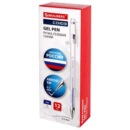 Ручка гелевая РОССИЯ "СОЮЗ", СИНЯЯ, корпус прозрачный, узел 0,7 мм, линия письма 0,5 мм, BRAUBERG, 143962 - Ручки гелевые неавтоматические