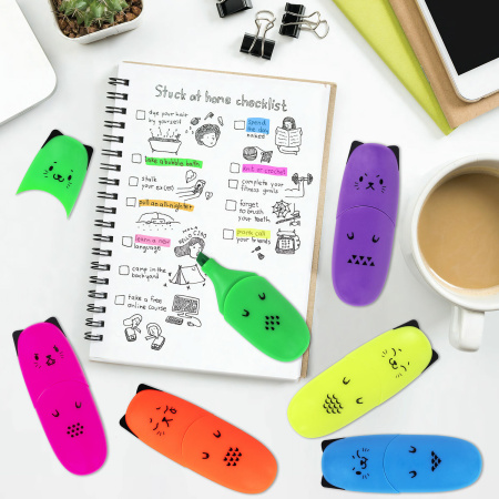 Набор текстовыделителей мини 6 ЦВЕТОВ BRAUBERG KIDS "CUTE CATS NEON", линия 1-5 мм, 152435 - Текстовыделители