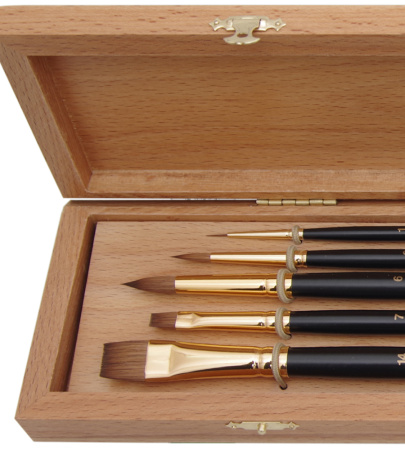 Набор №4 Roubloff 5 кистей из колонка длинная ручка буковый пенал - Кисти художественные в наборах