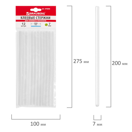 Клеевые стержни, диаметр 7 мм, длина 200 мм, прозрачные, комплект 12 шт., BRAUBERG - Клеевые пистолеты, стержни, ножницы