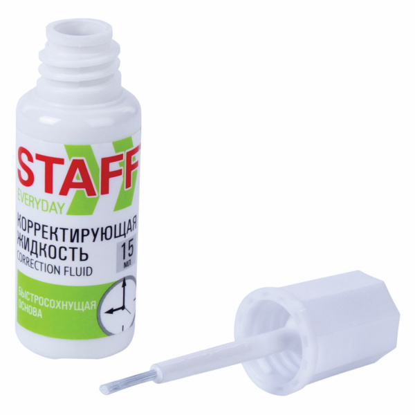 Корректирующая жидкость STAFF "Everyday" быстросохнущая, 15 мл, с кисточкой, 229398 - Корректирующие жидкости
