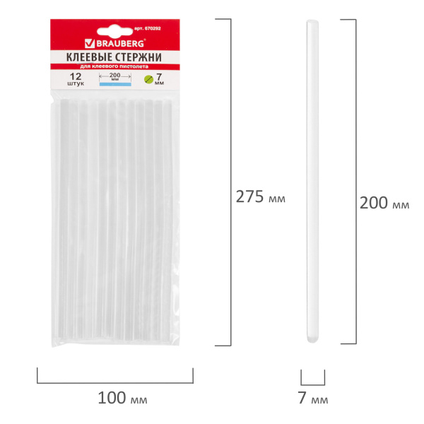 Клеевые стержни, диаметр 7 мм, длина 200 мм, прозрачные, комплект 12 шт., BRAUBERG - Клеевые пистолеты, стержни, ножницы