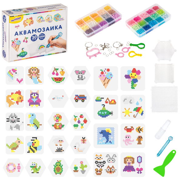 Аквамозаика, 30 цветов, 3000 бусин, в колорбоксе, ЮНЛАНДИЯ, 663780 - Аквамозайка