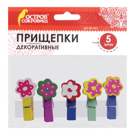 Прищепки декоративные "Цветочки", 5 штук, 3,5 см, ассорти, ОСТРОВ СОКРОВИЩ, 661302 - Прищепки для творчества