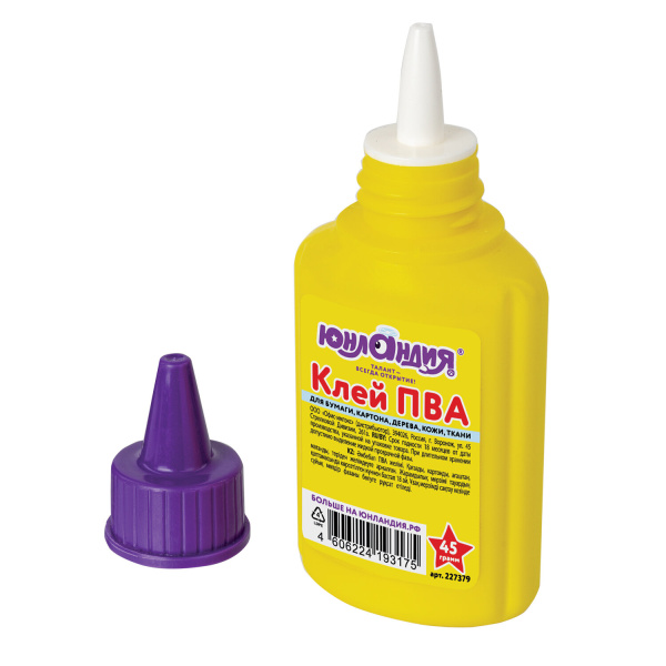 Клей ПВА ЮНЛАНДИЯ (бумага, картон, дерево), 45 г, 227379 - Клей ПВА