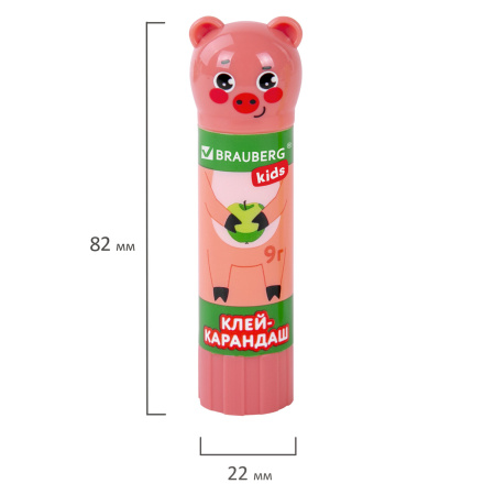 Клей-карандаш "Зверята: кошка, мышка, хрюшка", 9 г, фигурный колпачок, BRAUBERG KIDS, 271138 - Клей-карандаш