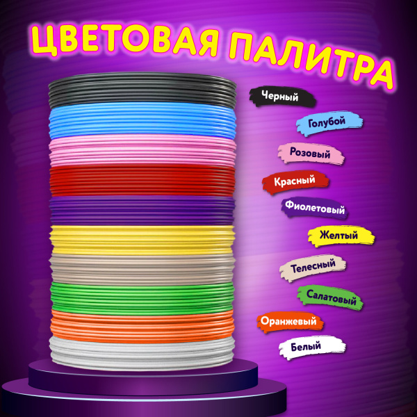 Безопасный PLA-пластик для 3D-ручки, 100 метров (10 цветов х 10 м), BRAUBERG KIDS, 665189 - 3D-ручки