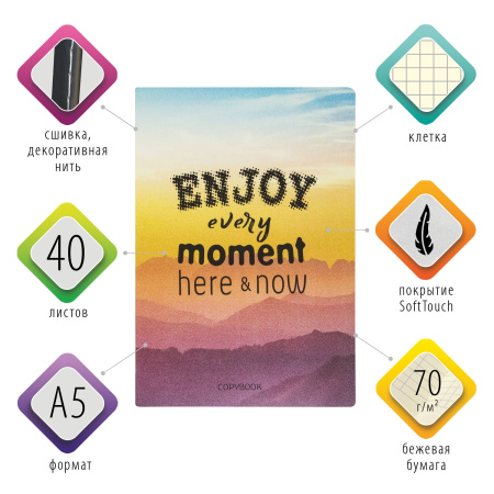 Тетрадь 40 л. в клетку обложка SoftTouch, бежевая бумага 70 г/м2, сшивка, А5 (147х210 мм), ENJOY THE MOMENT, BRAUBERG, 403766 - Тетради 40-48 листов