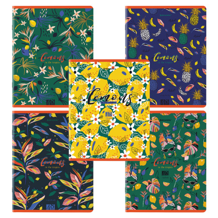 Тетради КОМПЛЕКТ 5 шт., А5, 48 л., BRAUBERG скоба, клетка, матовая ламинация, лак, "Lemons", 404394 - Тетради 40-48 листов