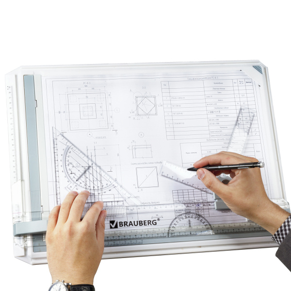 Доска чертежная А3, 505х370 мм, с рейсшиной, треугольником и чертежным узлом, BRAUBERG, 210536 - Доски для черчения и рейсшины