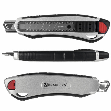 Нож канцелярский мощный 18 мм BRAUBERG "Heavy duty", автофиксатор, резиновые вставки, металл, 237158 - Ножи канцелярские универсальные