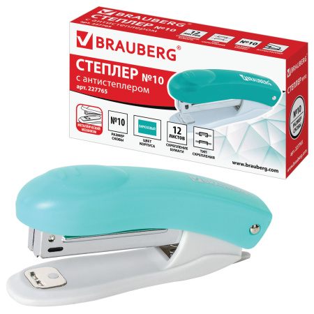 Степлер №10 BRAUBERG "Original", до 12 листов, с антистеплером, бирюзовый, 227765 - Степлеры настольные