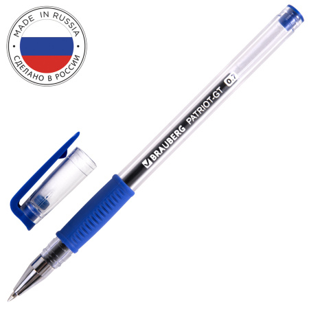 Ручка гелевая РОССИЯ "PATRIOT-GT", СИНЯЯ, корпус прозрачный, узел 0,7 мм, линия письма 0,4 мм, BRAUBERG, 143959