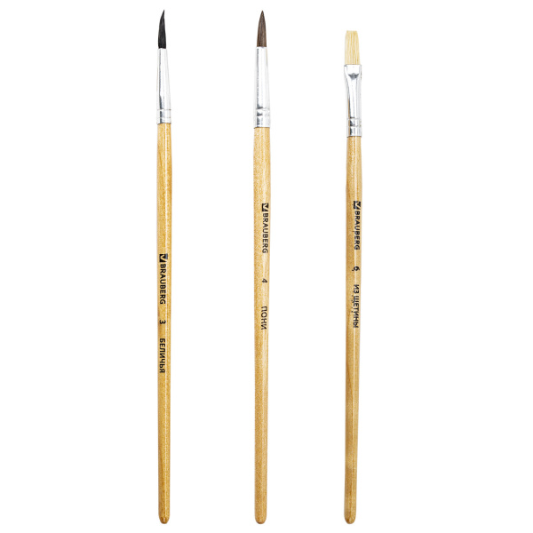 Кисти BRAUBERG, набор 3 шт. (белка, круглая № 3; пони, круглая № 4; щетина, плоская № 6), блистер, 200224 - Кисти для рисования