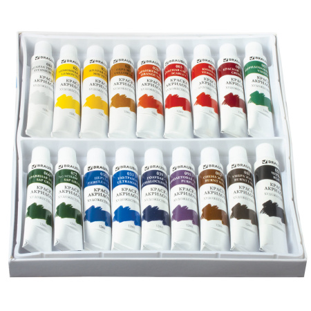 Краски акриловые художественные BRAUBERG ART DEBUT, НАБОР 18 цветов по 12 мл, в тубах, 191126 - Акриловые краски художественные в наборах