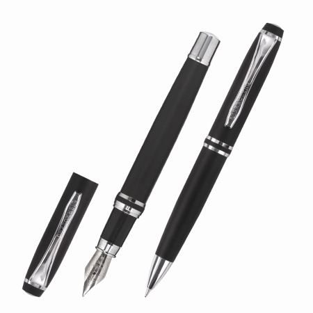Набор ручек подарочных BRAUBERG Duetto, СИНИЕ, 2 шт: шариковая, перьевая, черный с хромированными деталями, 143478 - Ручки бизнес-класса
