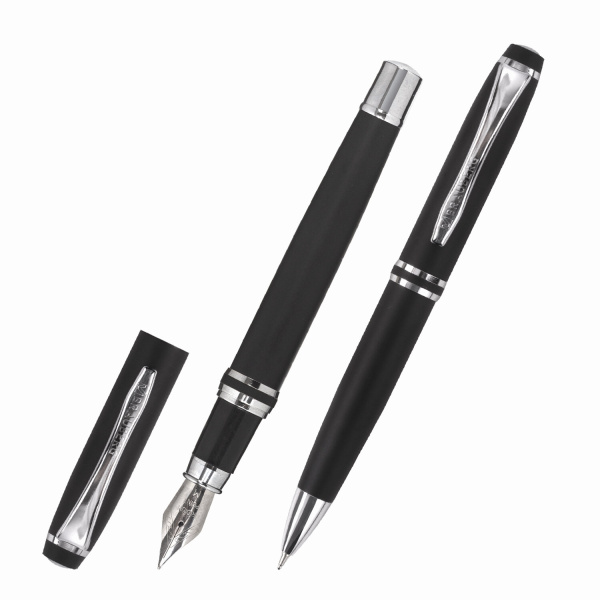 Набор ручек подарочных BRAUBERG Duetto, СИНИЕ, 2 шт: шариковая, перьевая, черный с хромированными деталями, 143478 - Ручки бизнес-класса