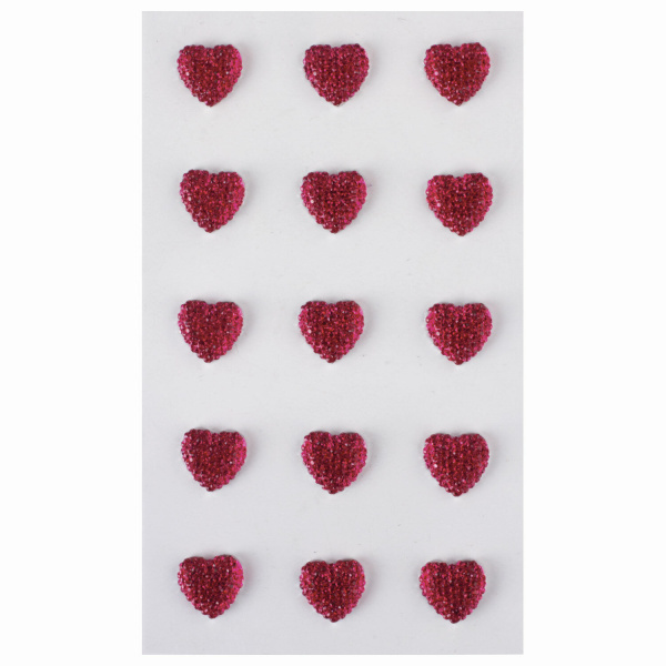Стразы самоклеящиеся "СЕРДЦА", 12 мм, 15 штук, малиновые, на подложке, ОСТРОВ СОКРОВИЩ, 662234 - Стразы для творчества