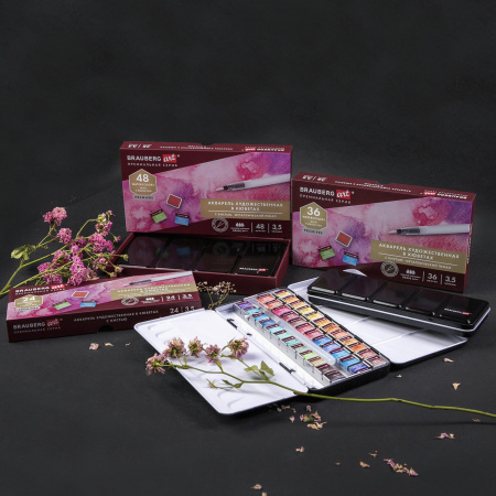 Акварель художественная кюветы НАБОР 36 цветов по 3,5 г, металлический кейс, BRAUBERG ART PREMIERE, 191774 - Акварель художественная в наборах