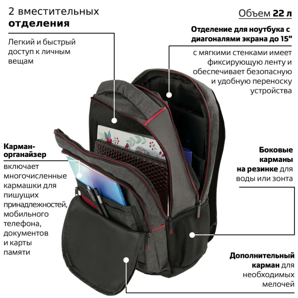 Рюкзак BRAUBERG URBAN универсальный, с отделением для ноутбука, "BOSTON", темно-серый, 47х30х14 см, 228867 - Рюкзаки с отделением для ноутбука