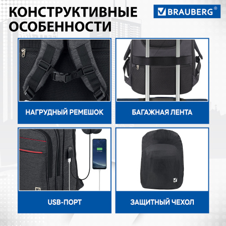 Рюкзак BRAUBERG URBAN универсальный, с отделением для ноутбука, USB-порт, Progress, 48х14х34 см, 229873 - Рюкзаки с отделением для ноутбука