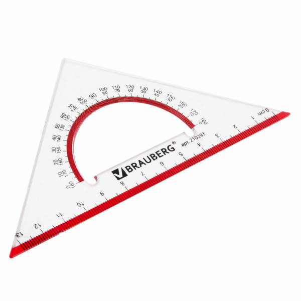 Треугольник пластиковый, угол 45, 13 см, BRAUBERG "Crystal", с транспортиром, прозрачный, с выделенной шкалой, 210293 - Треугольники