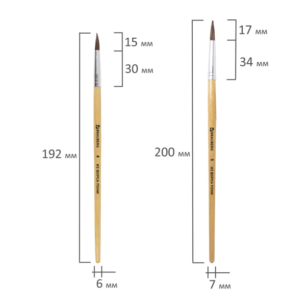 Кисти BRAUBERG, набор 5 шт. (пони, круглые № 1, 2, 3, 4, 5), блистер, 200222 - Кисти для рисования