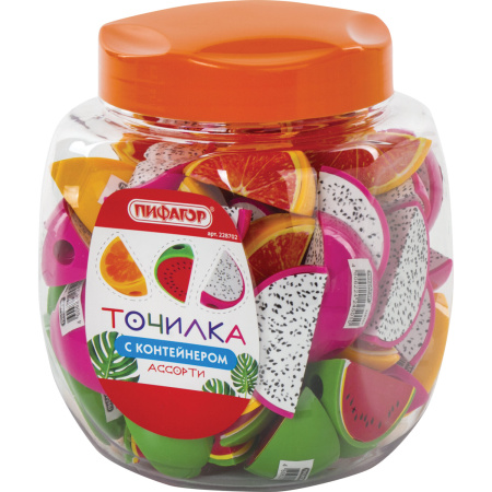 Точилка ПИФАГОР "Фрукты", с контейнером, пластиковая, ассорти, 228702 - Точилки ручные