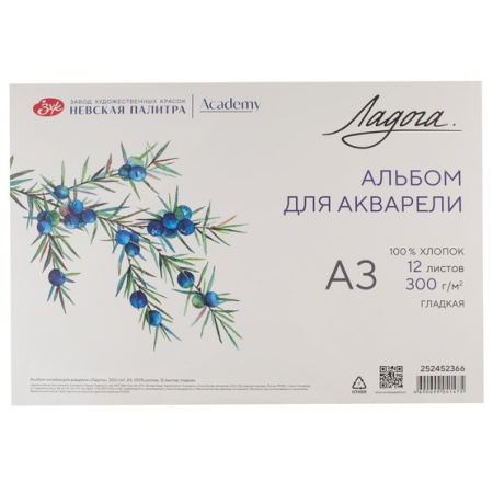 Альбом-склейка для акварели "Ладога", 300 г/м2, А3, 100% хлопок, 12 листов, гладкая
