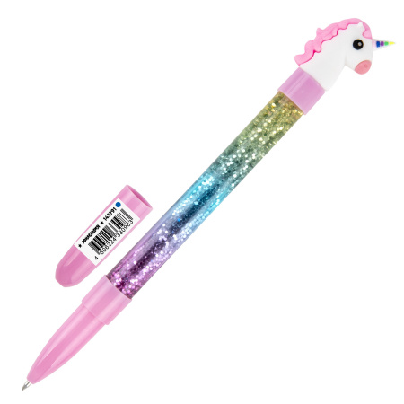 Ручка с топпером и блестками шариковая ЮНЛАНДИЯ "Единорог", детали ассорти, СИНЯЯ, пишущий узел 0,7 мм, 1 шт, 143791 - Ручки фигурные