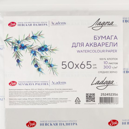 Бумага для акварели "Ладога", 300 г/м2, 50х65 см, 100% хлопок, 10 листов, среднее зерно - Альбомы и бумага для акварели и масла