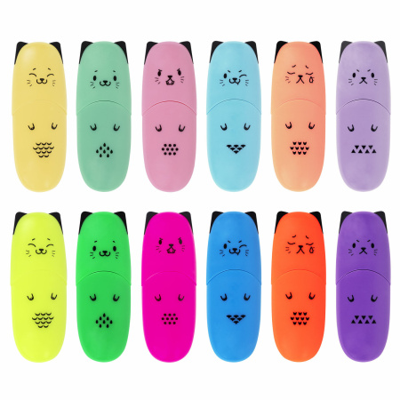 Набор текстовыделителей мини 12 ЦВЕТОВ BRAUBERG KIDS "CUTE CATS", линия 1-5 мм, 152437 - Текстовыделители